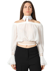 CAMICIA DONNA ELISABETTA FRANCHI BIANCA CROP CON CUT OUT SULLE SPALLE E FUSCIACCA AL COLLO