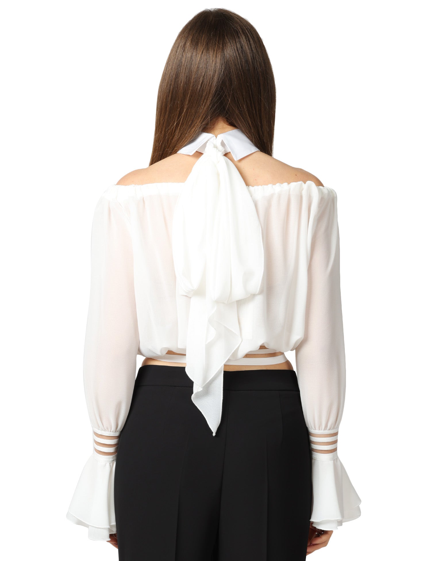 CAMICIA DONNA ELISABETTA FRANCHI BIANCA CROP CON CUT OUT SULLE SPALLE E FUSCIACCA AL COLLO