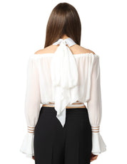 CAMICIA DONNA ELISABETTA FRANCHI BIANCA CROP CON CUT OUT SULLE SPALLE E FUSCIACCA AL COLLO