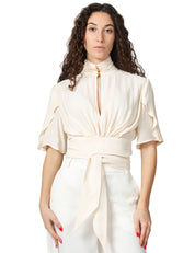 BLUSA DONNA ELISABETTA FRANCHI BURRO IN GEORGETTE DI VISCOSA CON DRAPPEGGIO CENTRALE E FUSCIACCA IN VITA