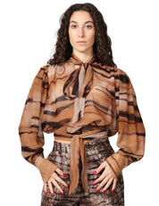 CAMICIA DONNA ELISABETTA FRANCHI CAMMELLO STAMPA TIGRE IN CHIFFON CON FUSCIACCA AL COLLO E IN VITA