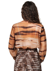 CAMICIA DONNA ELISABETTA FRANCHI CAMMELLO STAMPA TIGRE IN CHIFFON CON FUSCIACCA AL COLLO E IN VITA