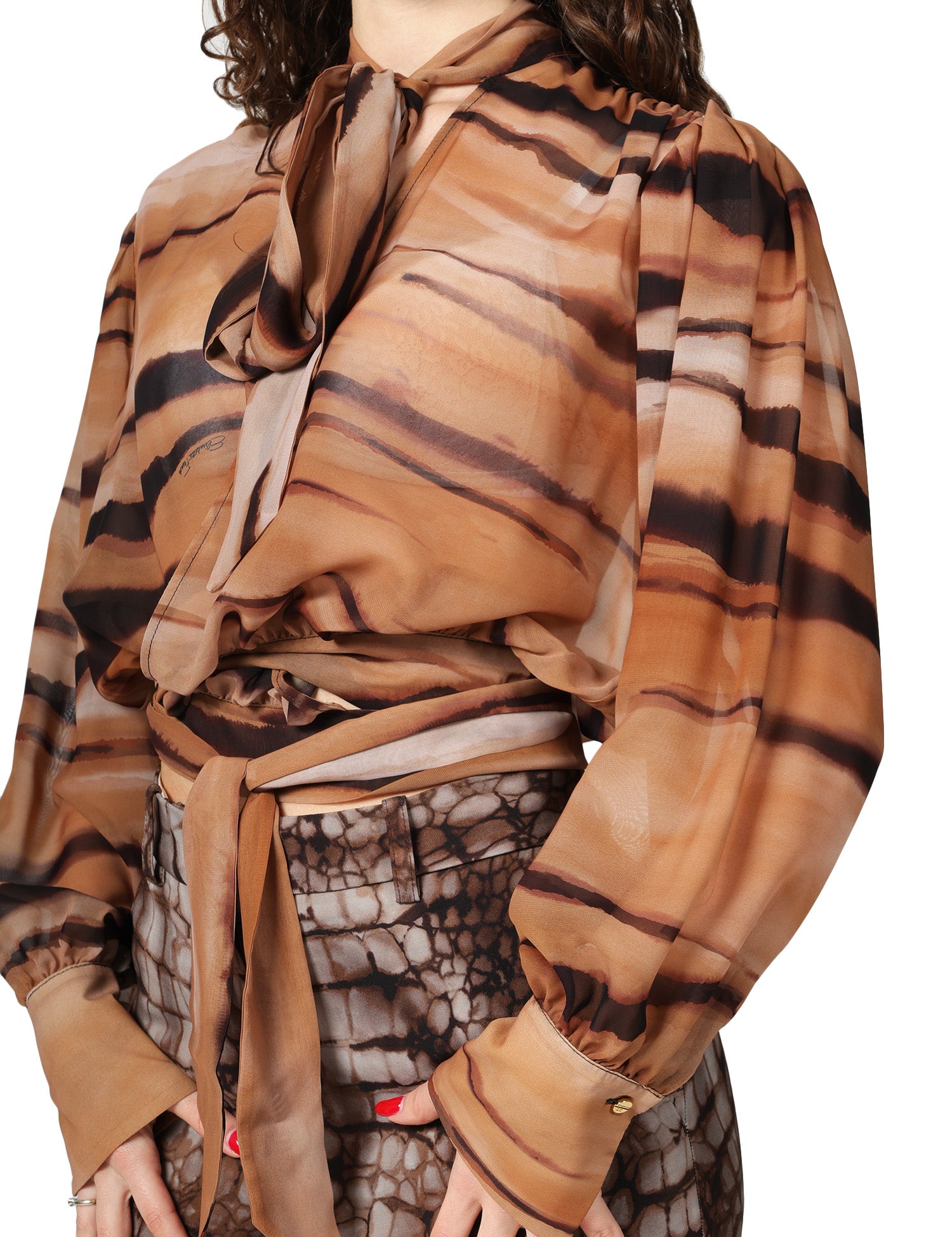 CAMICIA DONNA ELISABETTA FRANCHI CAMMELLO STAMPA TIGRE IN CHIFFON CON FUSCIACCA AL COLLO E IN VITA