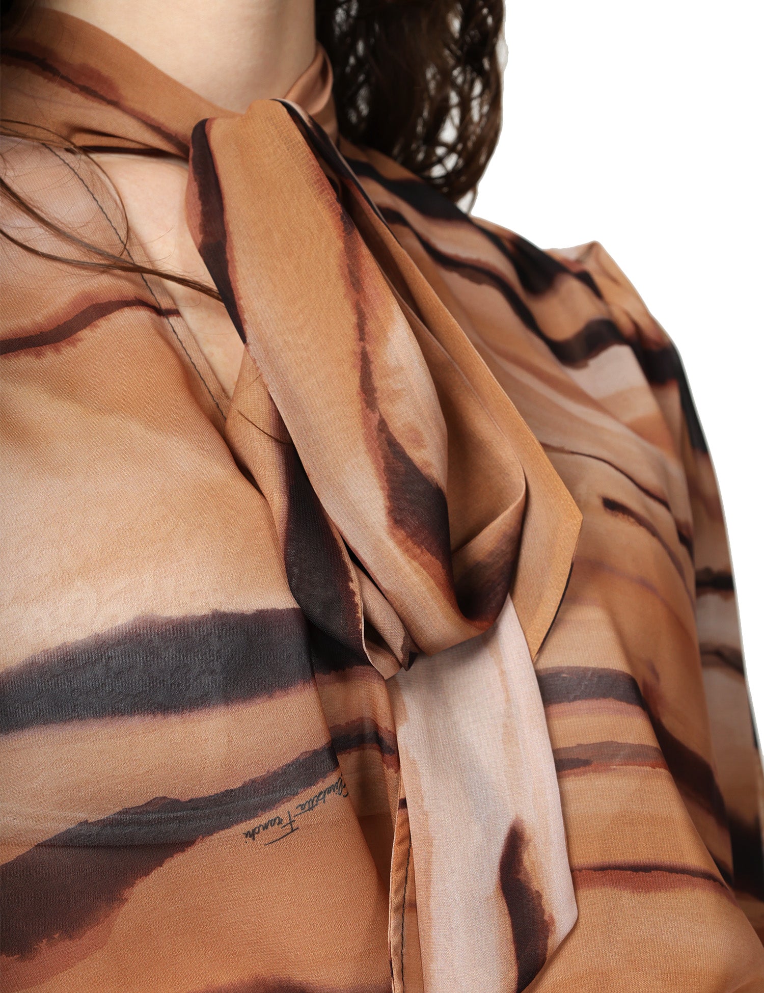 CAMICIA DONNA ELISABETTA FRANCHI CAMMELLO STAMPA TIGRE IN CHIFFON CON FUSCIACCA AL COLLO E IN VITA