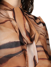 CAMICIA DONNA ELISABETTA FRANCHI CAMMELLO STAMPA TIGRE IN CHIFFON CON FUSCIACCA AL COLLO E IN VITA