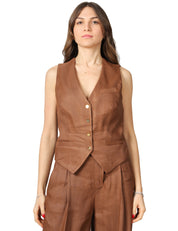 GILET DONNA ELISABETTA FRANCHI CUOIO IN MISTO LINO CON BOTTONI IN METALLO DORATO E CINTURINO SUL RETRO