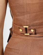 GILET DONNA ELISABETTA FRANCHI CUOIO IN MISTO LINO CON BOTTONI IN METALLO DORATO E CINTURINO SUL RETRO