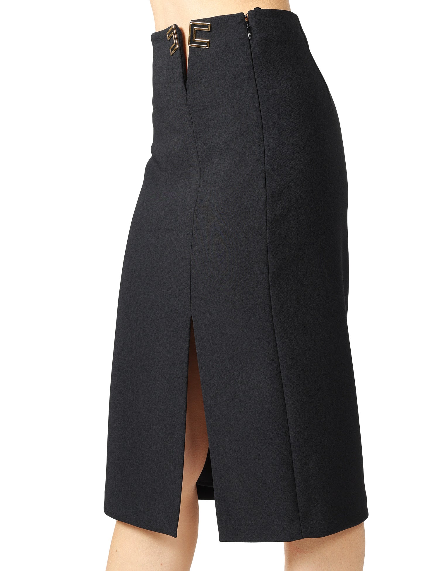 GONNA MIDI ELISABETTA FRANCHI NERA IN DOPPIO CRèPE STRETCH CON APERTURA A V SUL FIANCO E SPACCO LATERALE