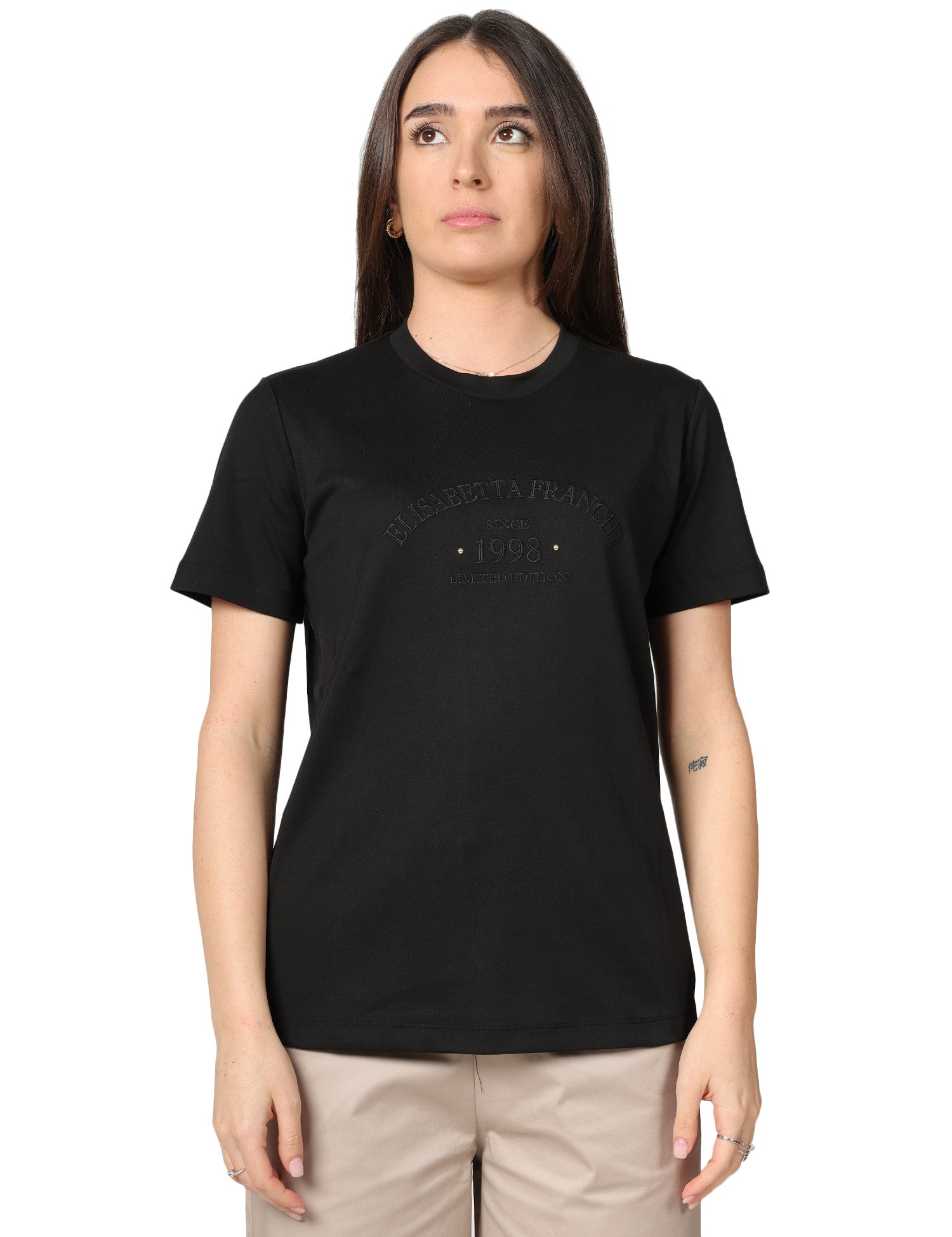 T-SHIRT DONNA ELISABETTA FRANCHI NERA GIROCOLLO CON SCRITTA LOGO IN TONO DAVANTI