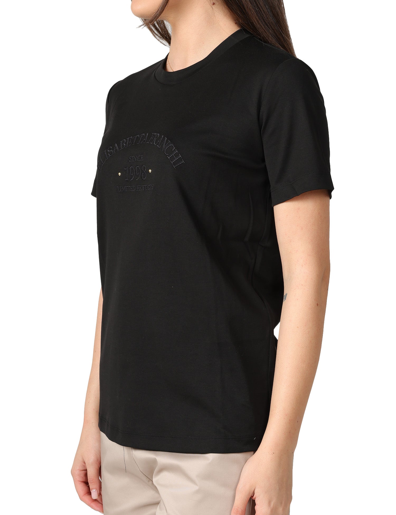 T-SHIRT DONNA ELISABETTA FRANCHI NERA GIROCOLLO CON SCRITTA LOGO IN TONO DAVANTI