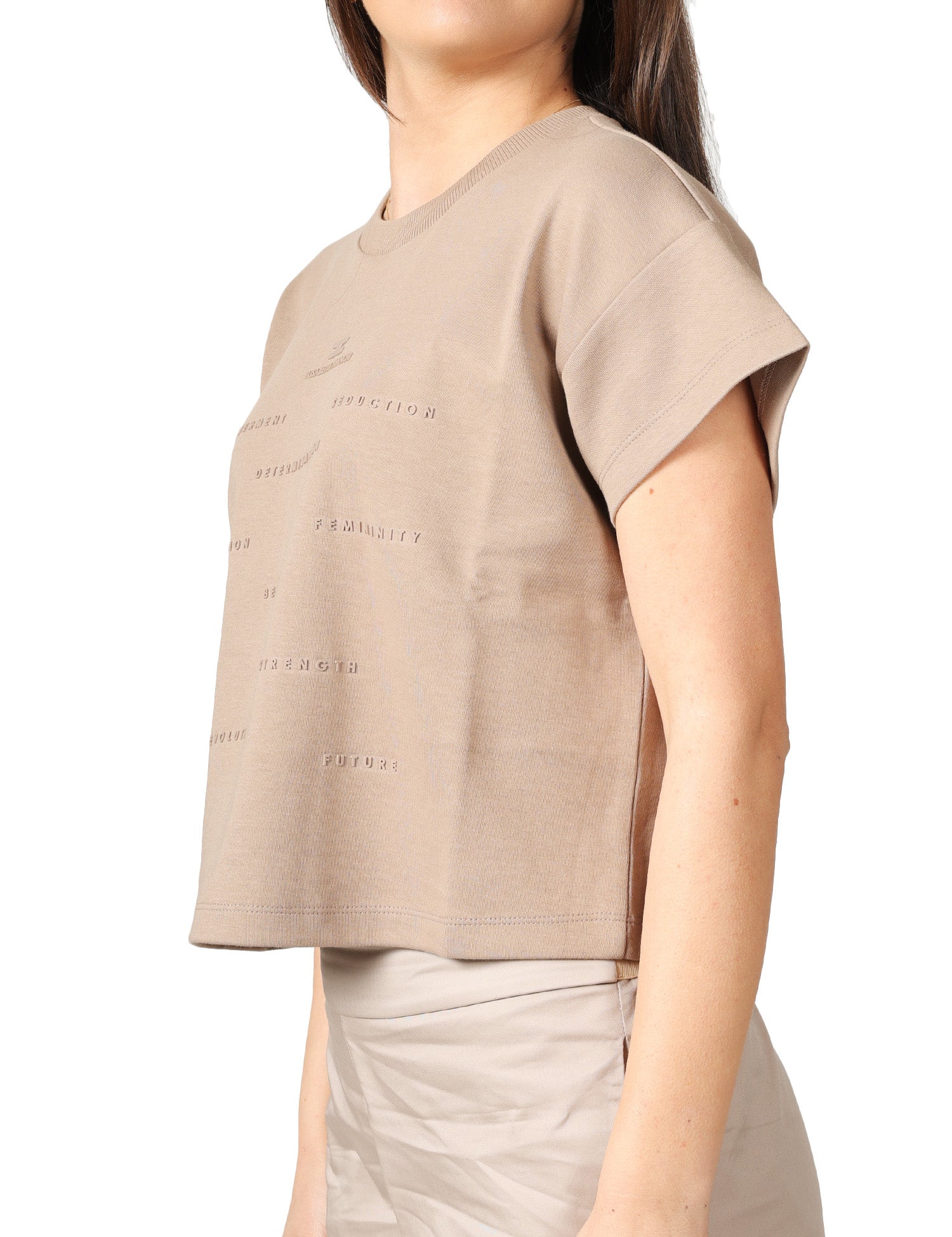MAGLIA DONNA ELISABETTA FRANCHI ARGILLA GIROCOLLO CON LOGO E LETTERING DAVANTI IN GOMMA A RILIEVO