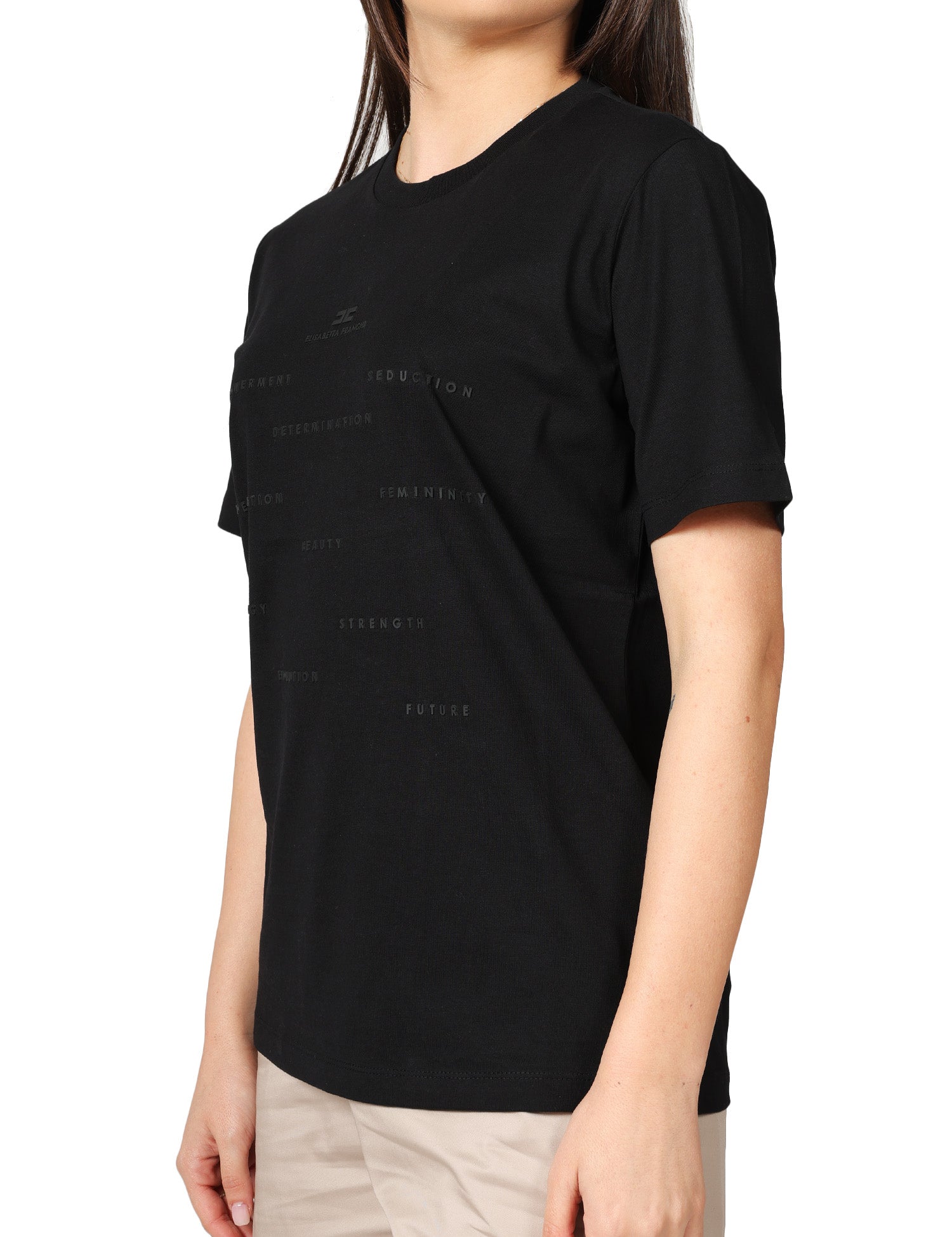 MAGLIA DONNA ELISABETTA FRANCHI NERA GIROCOLLO CON LETTERING IN RILIEVO DAVANTI