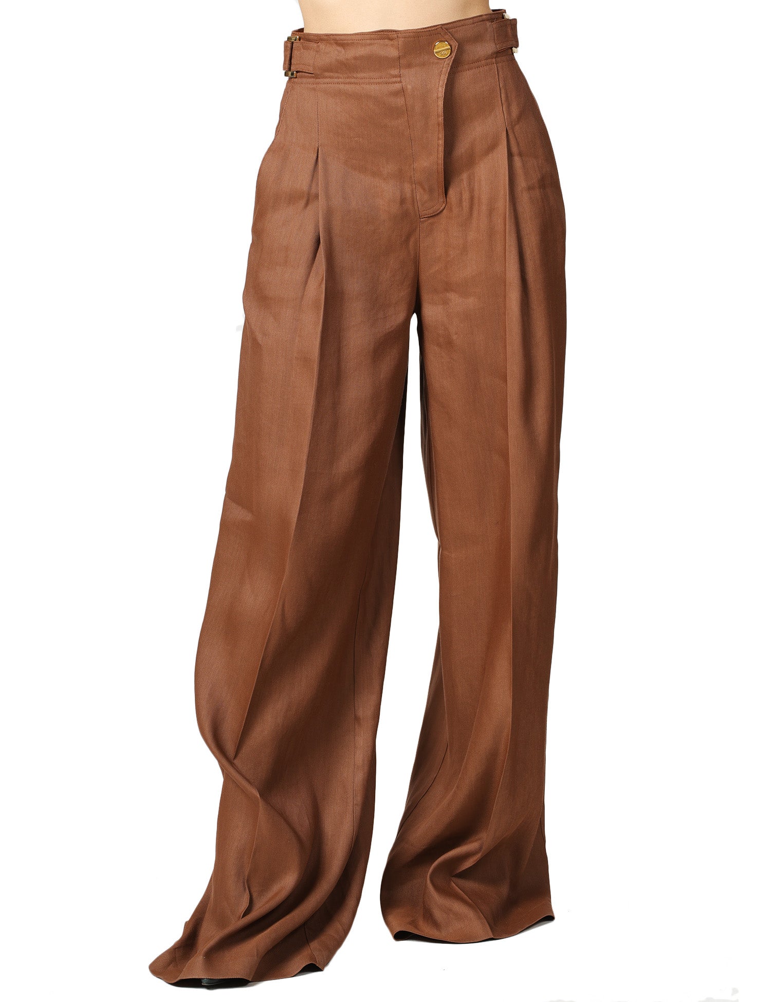 PANTALONE DONNA ELISABETTA FRANCHI CUOIO A VITA ALTA IN MISTO LINO CON GAMBA A PALAZZO E CINTURINI