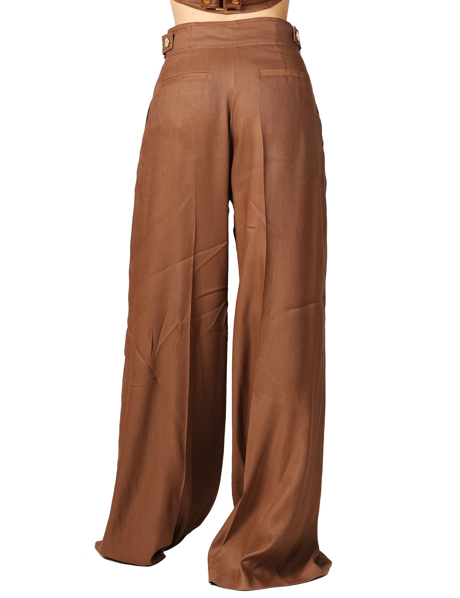 PANTALONE DONNA ELISABETTA FRANCHI CUOIO A VITA ALTA IN MISTO LINO CON GAMBA A PALAZZO E CINTURINI