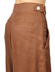 PANTALONE DONNA ELISABETTA FRANCHI CUOIO A VITA ALTA IN MISTO LINO CON GAMBA A PALAZZO E CINTURINI