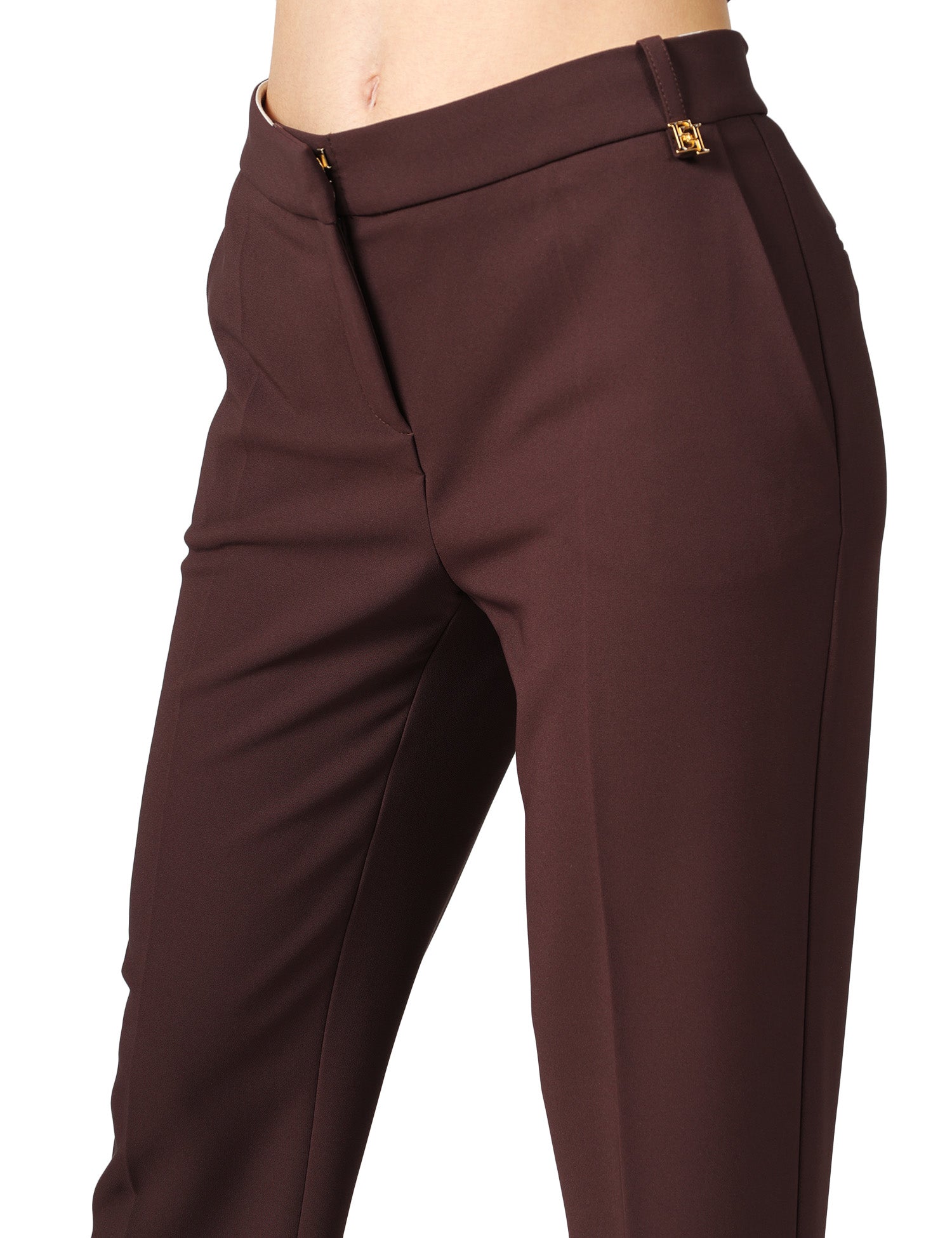 PANTALONE DONNA ELISABETTA FRANCHI CACAO IN CRèPE LEGGERO CON LOGO CHARM SUL PASSANTE