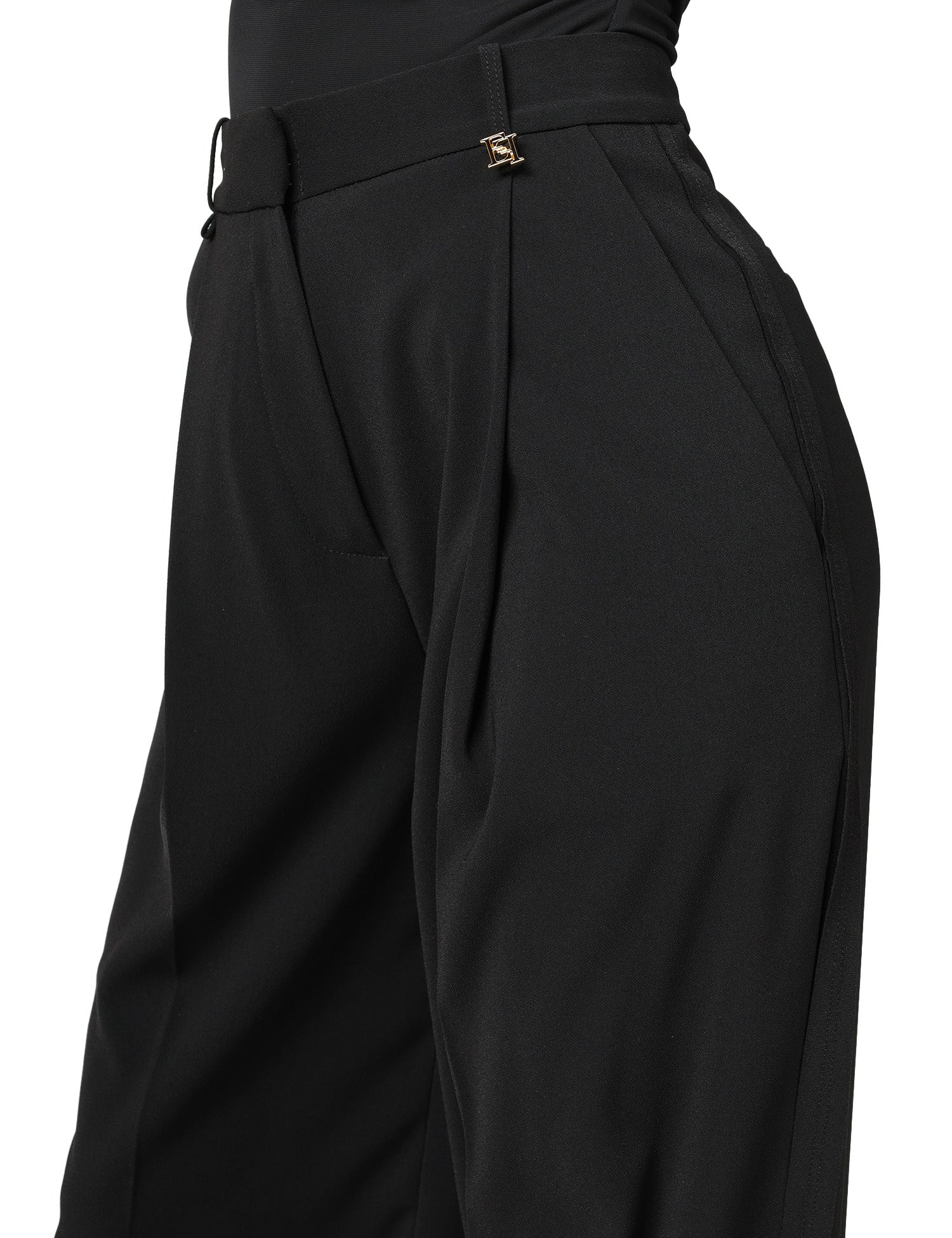 PANTALONE DONNA ELISABETTA FRANCHI NERO IN CRèPE LEGGERO A VITA ALTA CON GAMBA A PALAZZO E PIEGA CENTRALE