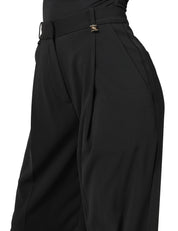 PANTALONE DONNA ELISABETTA FRANCHI NERO IN CRèPE LEGGERO A VITA ALTA CON GAMBA A PALAZZO E PIEGA CENTRALE