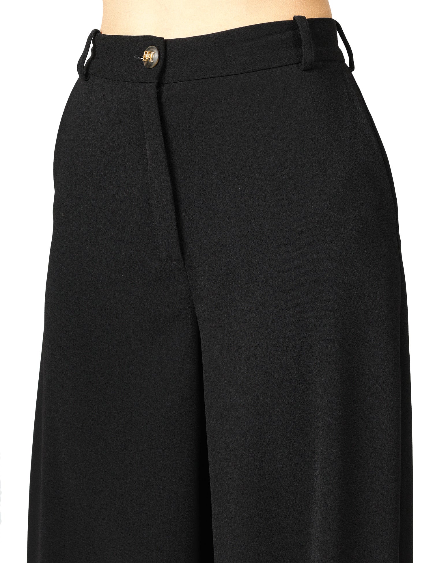 PANTALONE DONNA ELISABETTA FRANCHI NERO IN CRèPE LEGGERO VOLUME OVER CON BOTTONE LOGATO