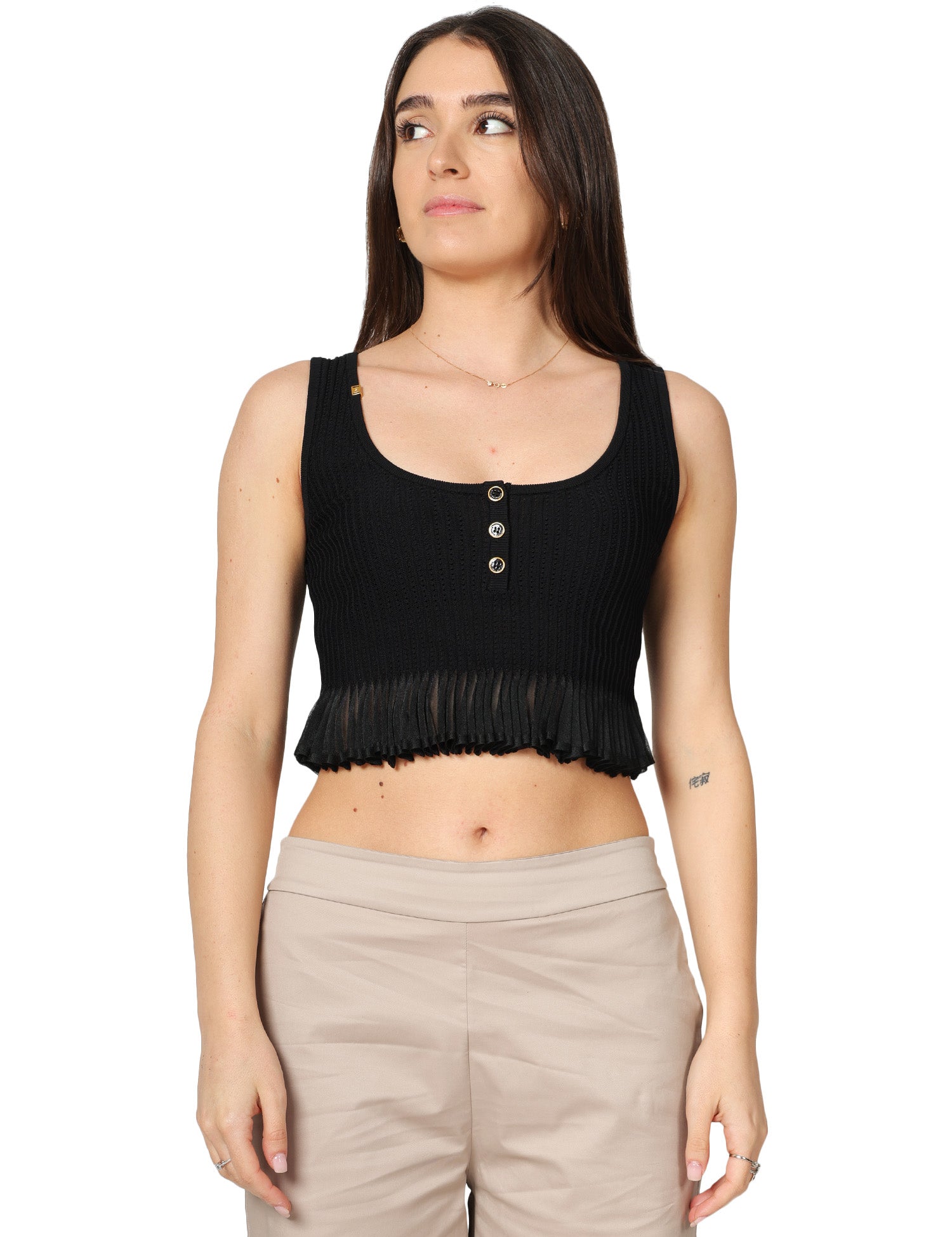 TOP ELISABETTA FRANCHI NERO IN MAGLIA A COSTINE CON PUNTO A JOUR E PLISSè AL FONDO
