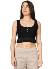 TOP ELISABETTA FRANCHI NERO IN MAGLIA A COSTINE CON PUNTO A JOUR E PLISSè AL FONDO
