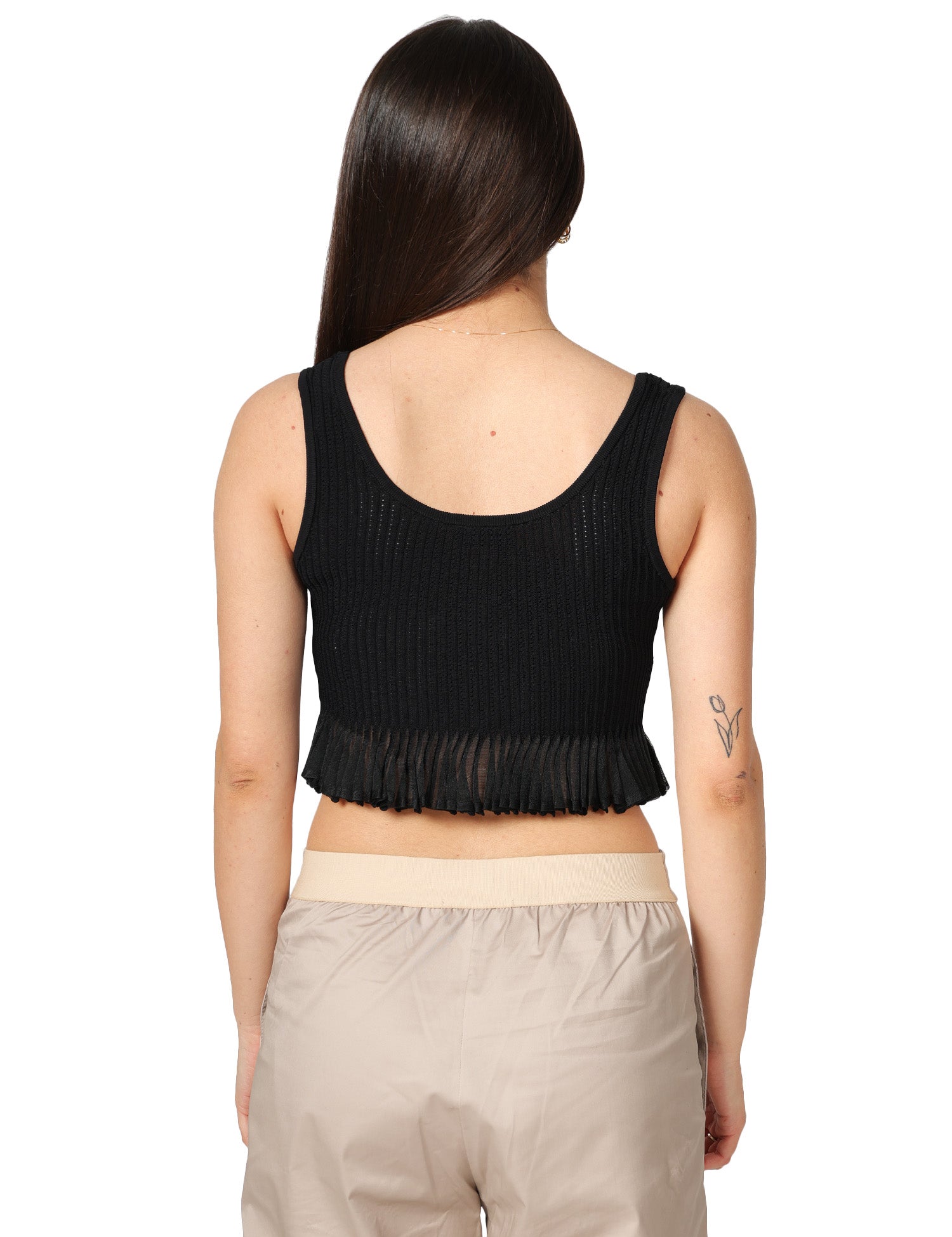 TOP ELISABETTA FRANCHI NERO IN MAGLIA A COSTINE CON PUNTO A JOUR E PLISSè AL FONDO