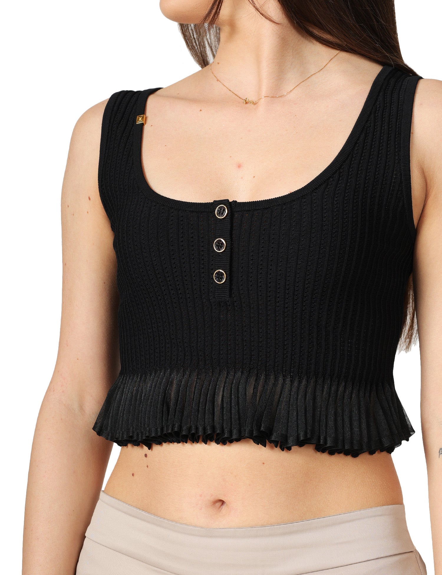 TOP ELISABETTA FRANCHI NERO IN MAGLIA A COSTINE CON PUNTO A JOUR E PLISSè AL FONDO