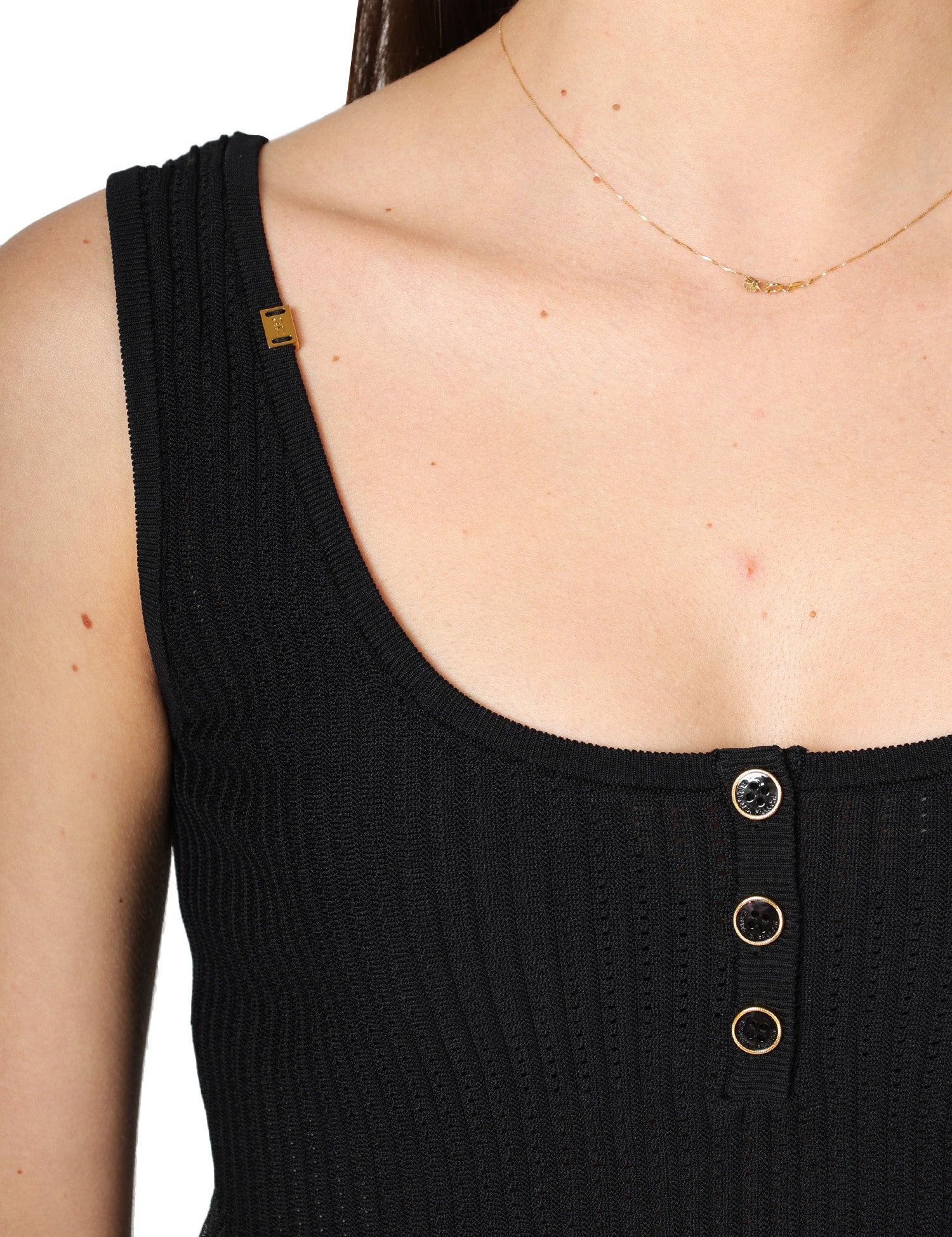 TOP ELISABETTA FRANCHI NERO IN MAGLIA A COSTINE CON PUNTO A JOUR E PLISSè AL FONDO