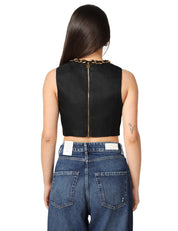 TOP ELISABETTA FRANCHI NERO TAGLIO CROP IN MISTO LINO CON CATENA ORO SULLO SCOLLO