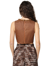 TOP ELISABETTA FRANCHI CUOIO TAGLIO CROP IN MISTO LINO CON CATENA ORO SULLO SCOLLO