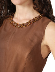 TOP ELISABETTA FRANCHI CUOIO TAGLIO CROP IN MISTO LINO CON CATENA ORO SULLO SCOLLO