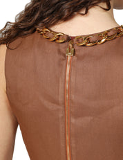 TOP ELISABETTA FRANCHI CUOIO TAGLIO CROP IN MISTO LINO CON CATENA ORO SULLO SCOLLO