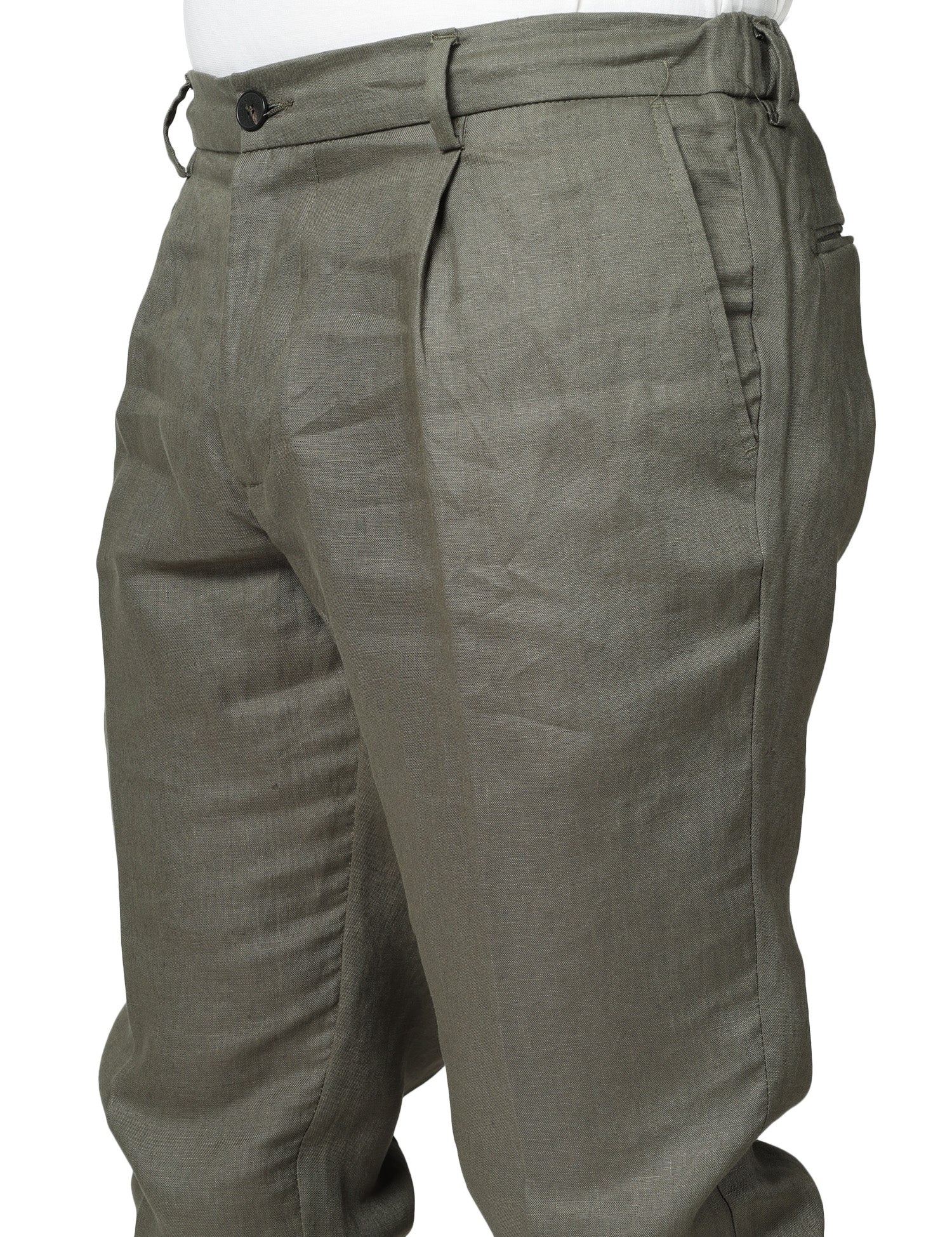 PANTALONE UOMO ENTRE AMIS RENO MILITARE IN LINO CON PINCES ED ELASTICO IN VITA