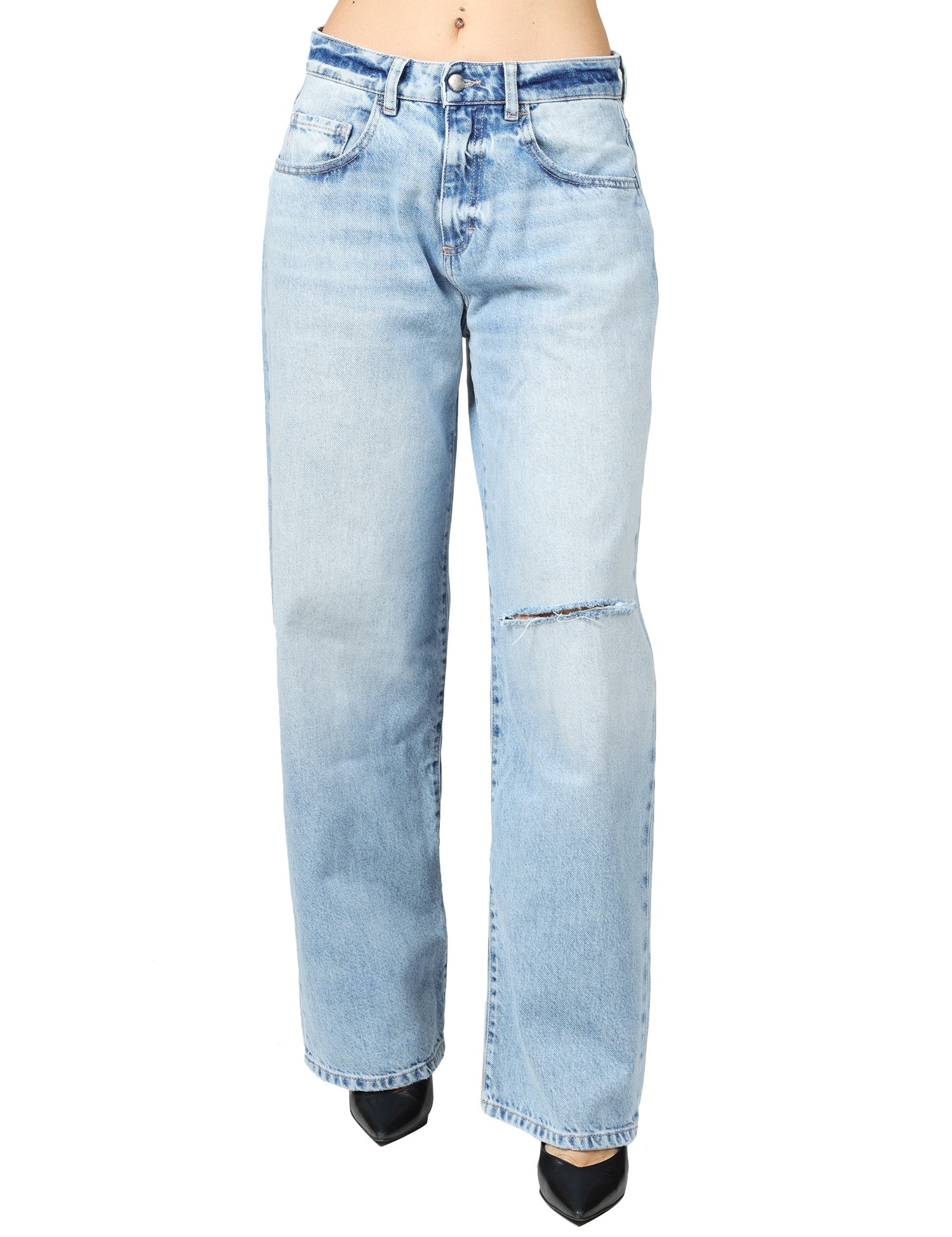 JEANS DONNA ICON DENIM BEA DENIM CHIARO A GAMBA LARGA CON ROTTURA SUL GINOCCHIO SINISTRO