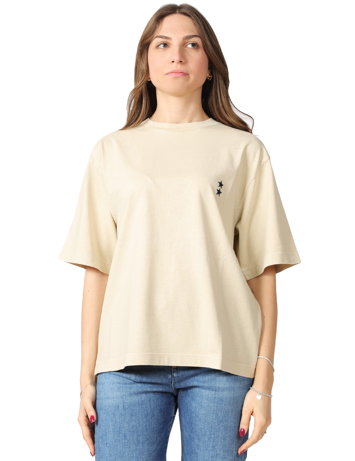 T-SHIRT DONNA ICON DENIM DESERTO TAGLIO OVER CON STELLINE LOGO SUL PETTO 100% COTONE