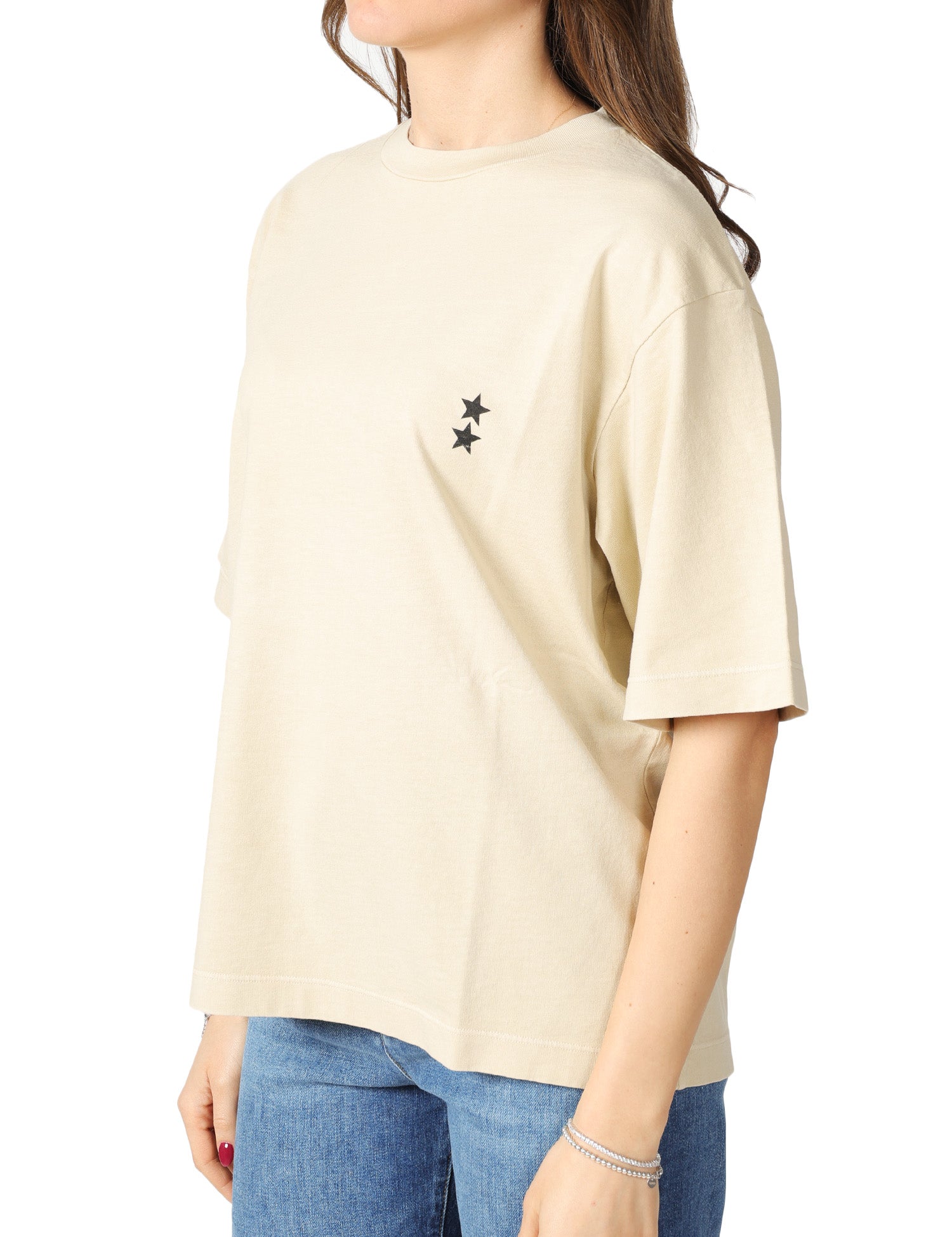 T-SHIRT DONNA ICON DENIM DESERTO TAGLIO OVER CON STELLINE LOGO SUL PETTO 100% COTONE