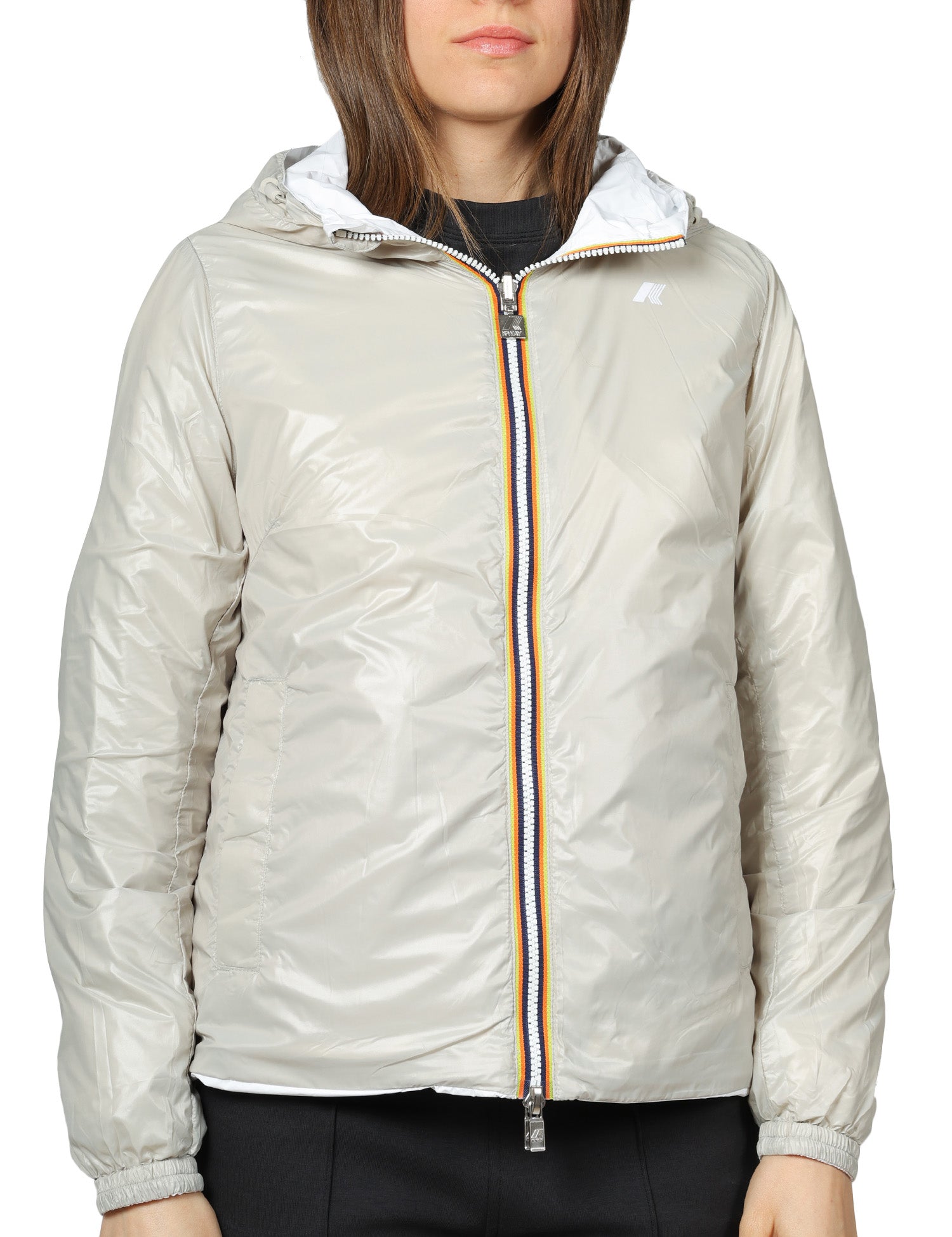 GIUBBINO DONNA K-WAY LIL 2.0 PLUS WHITE/BEIGE DOUBLE FACE CON CAPPUCCIO
