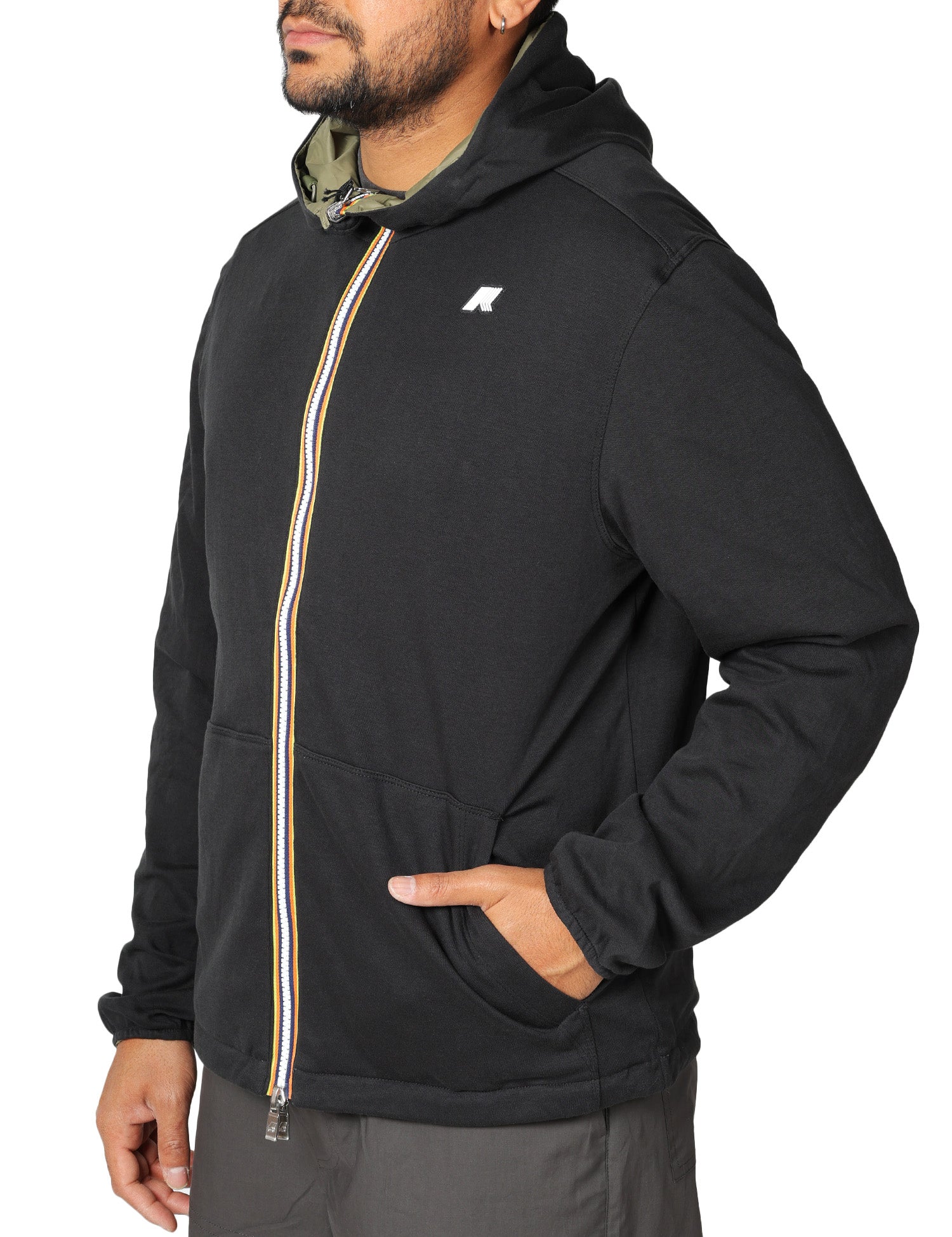 GIUBBOTTO UOMO K-WAY JAKE BLACK/GREEN REVERSIBILE IN DOPPIO TESSUTO CON CAPPUCCIO E ZIP