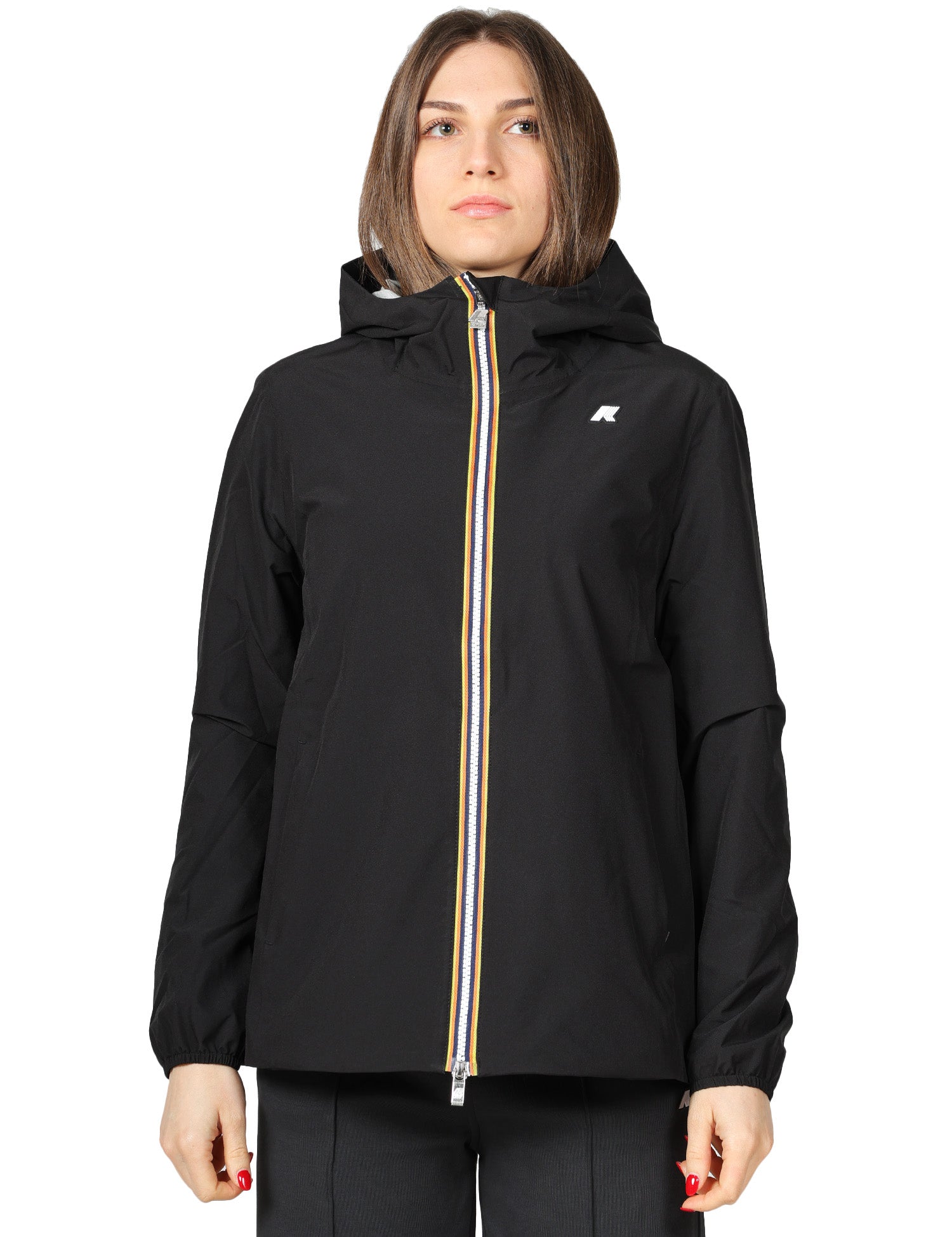 GIACCA DONNA K-WAY MARGUERITE NERO CON ZIP, CAPPUCCIO E SPALMATURA IMPERMEABILE