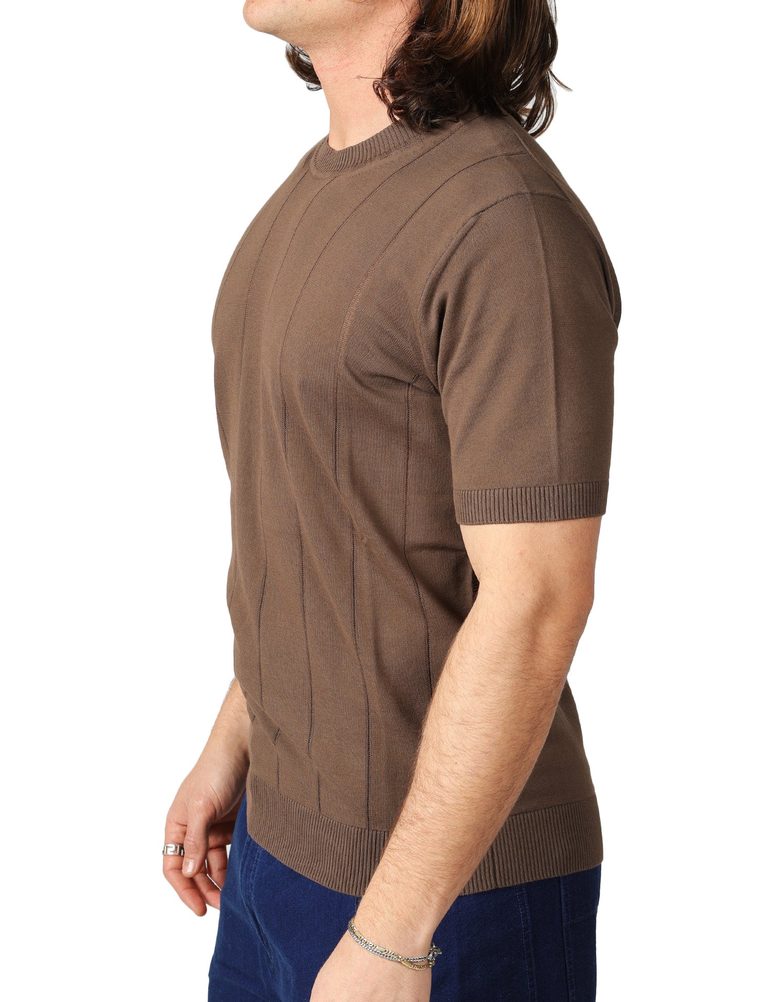 MAGLIA UOMO KANGRA CAFFè GIROCOLLO A COSTE LARGHE TRAFORATE 100% COTONE