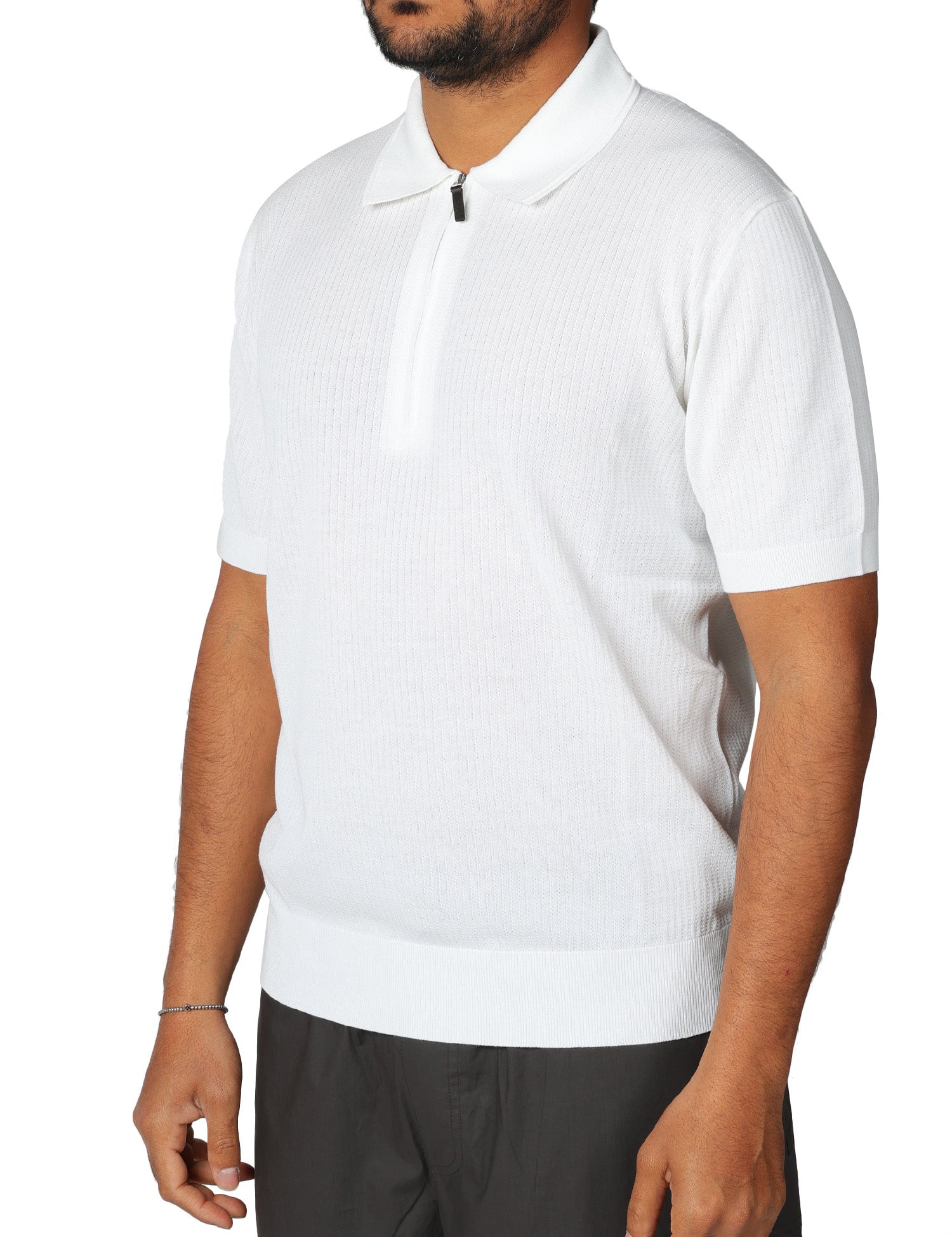POLO UOMO KANGRA BIANCA CON ZIP E LAVORAZIONE TRECCE E COSTE 100% COTONE