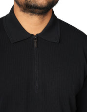 POLO KANGRA NERA CON ZIP E LAVORAZIONE COSTE E TRECCE 100% COTONE