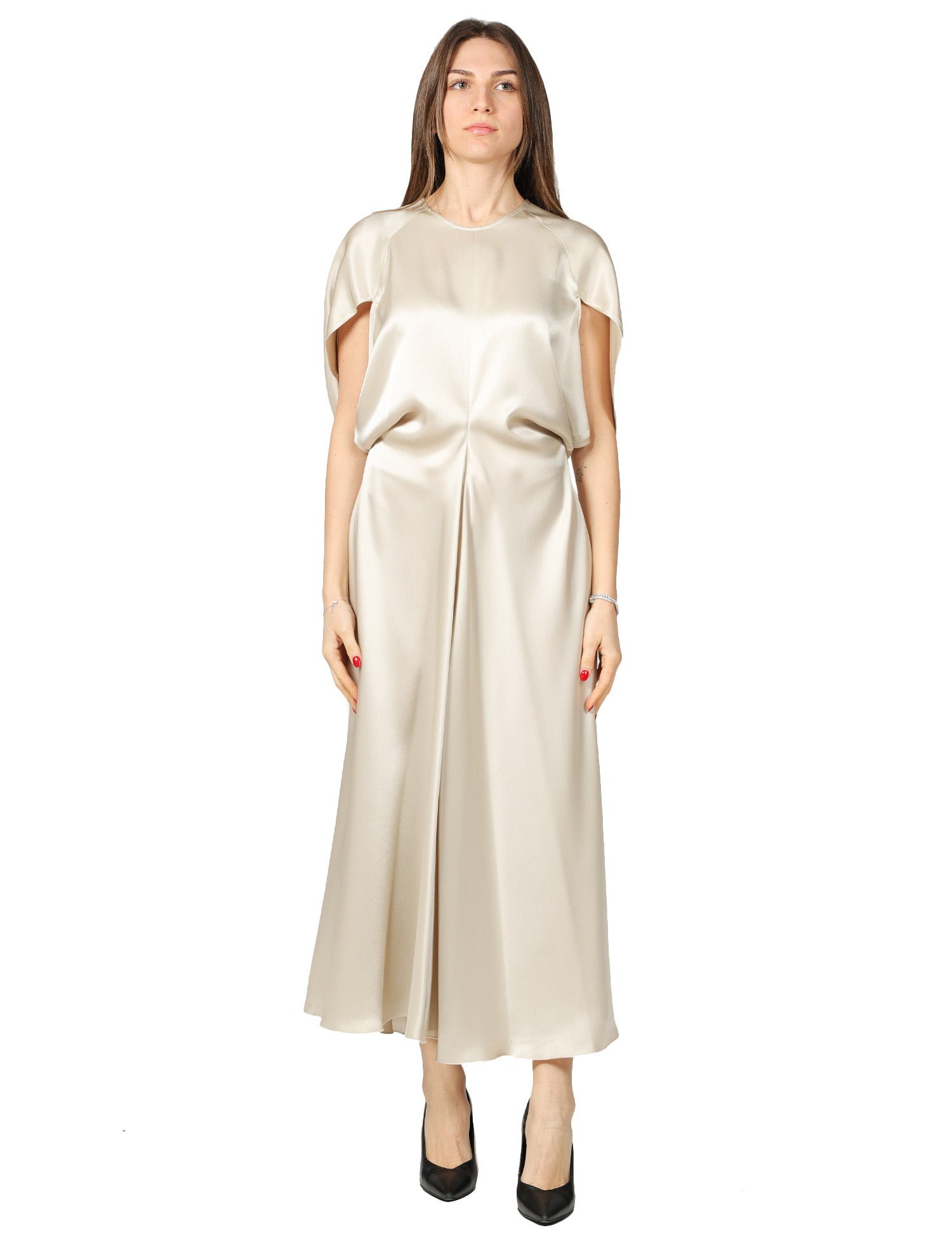 ABITO DONNA LIVIANA CONTI DEMETRA ALABASTRO IN LIQUID SATIN CON MANICA APERTA E DRAPPEGGIO