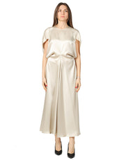 ABITO DONNA LIVIANA CONTI DEMETRA ALABASTRO IN LIQUID SATIN CON MANICA APERTA E DRAPPEGGIO