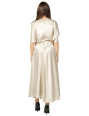 ABITO DONNA LIVIANA CONTI DEMETRA ALABASTRO IN LIQUID SATIN CON MANICA APERTA E DRAPPEGGIO