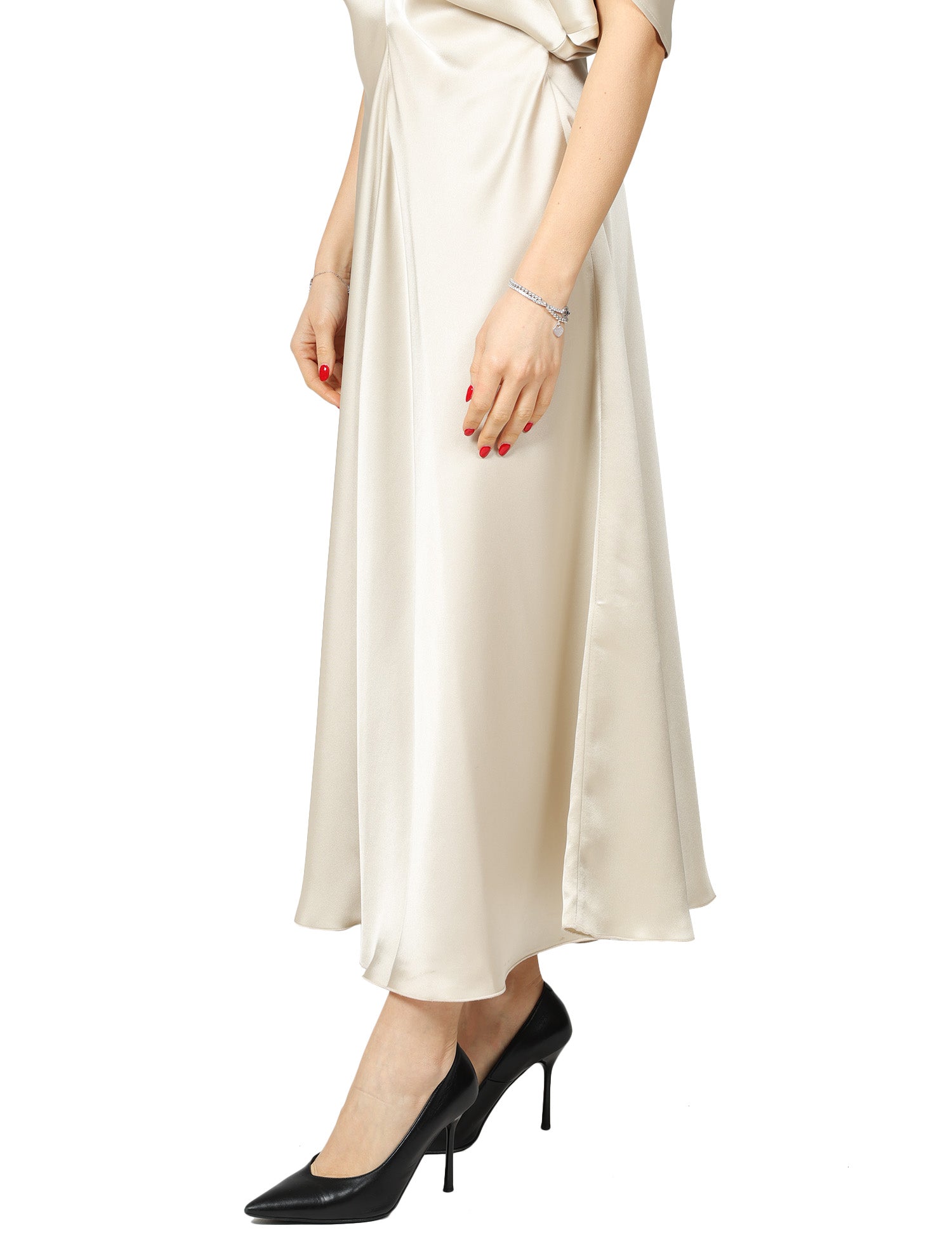 ABITO DONNA LIVIANA CONTI DEMETRA ALABASTRO IN LIQUID SATIN CON MANICA APERTA E DRAPPEGGIO