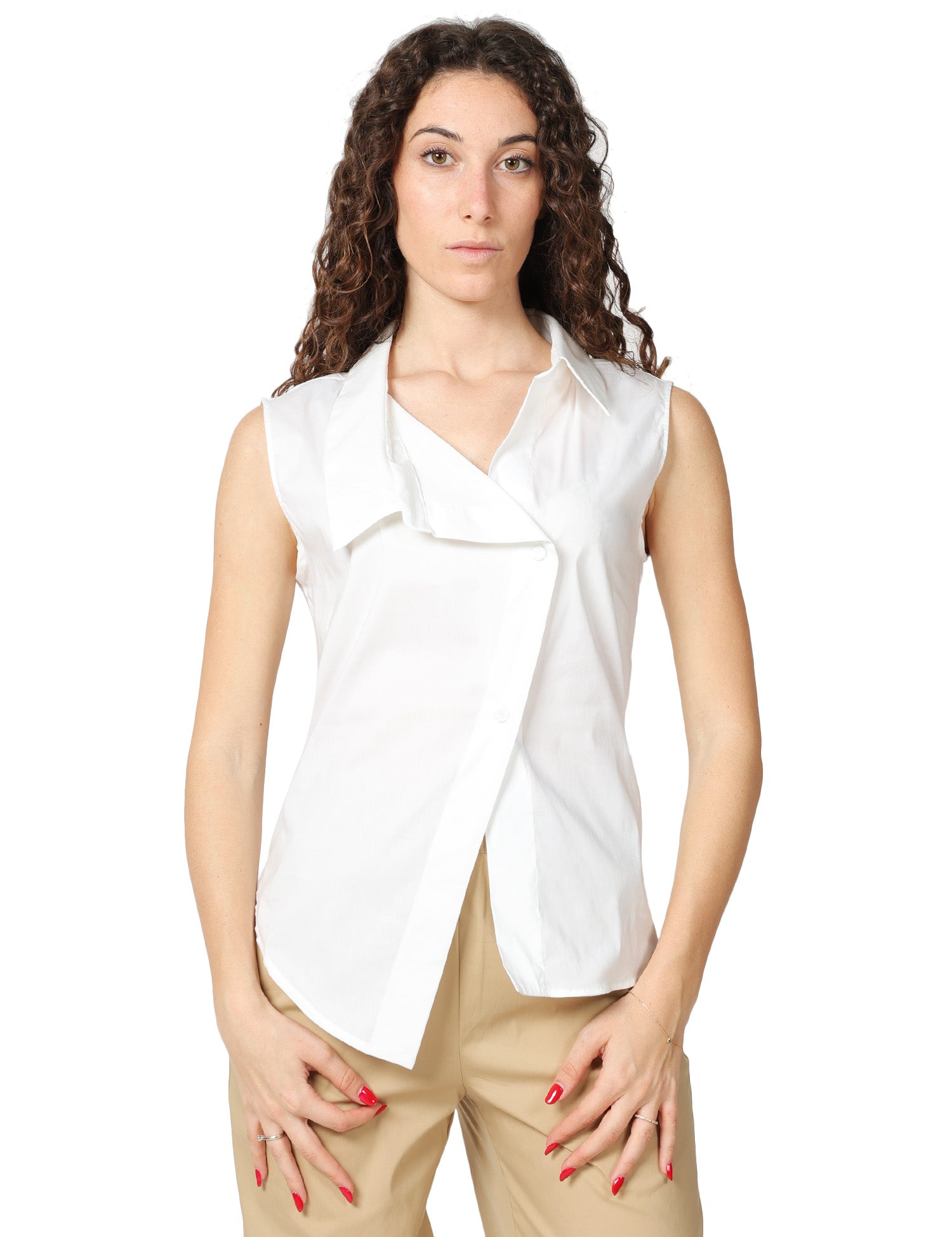 TOP LIVIANA CONTI KYRA BIANCO IN POPELINE CON ABBOTTONATURA ASIMMETRICA