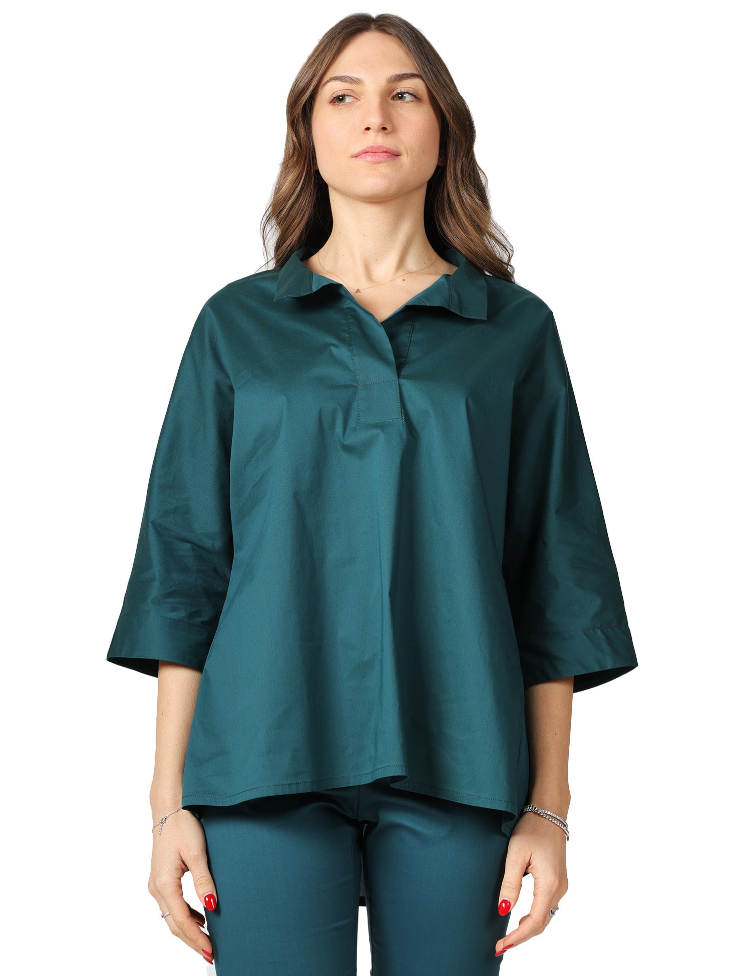 BLUSA LIVIANA CONTI LUCY EUCALIPTO IN PPELINE STRETCH CON SCOLLO CAMICIA E MANICHE AL GOMITO