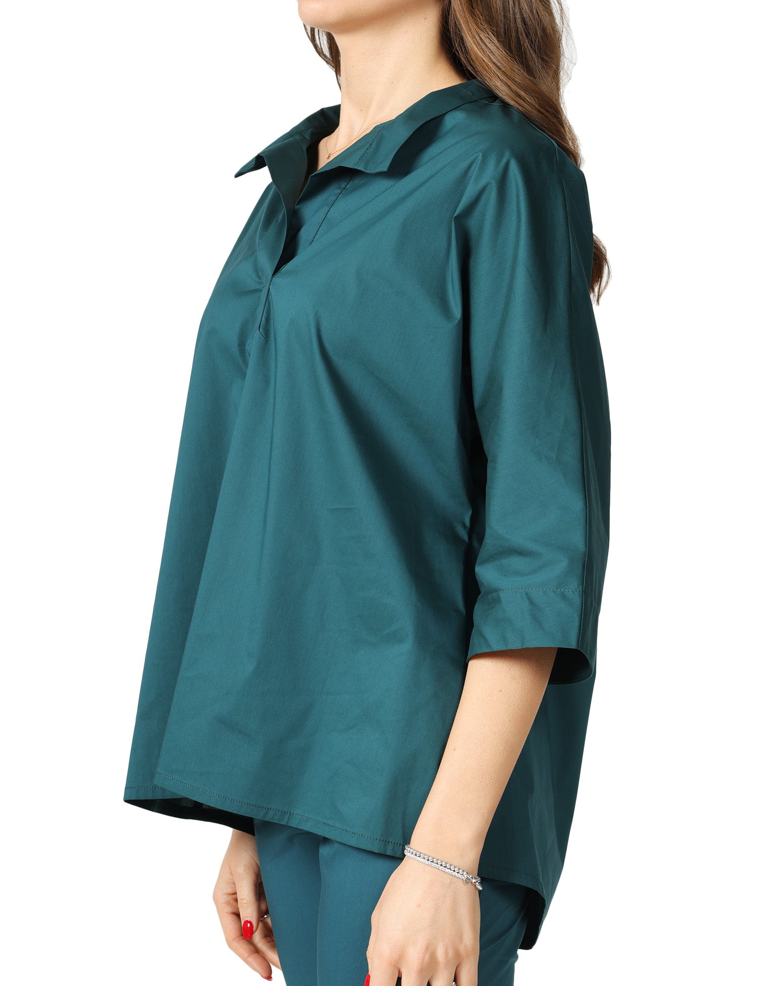 BLUSA LIVIANA CONTI LUCY EUCALIPTO IN PPELINE STRETCH CON SCOLLO CAMICIA E MANICHE AL GOMITO