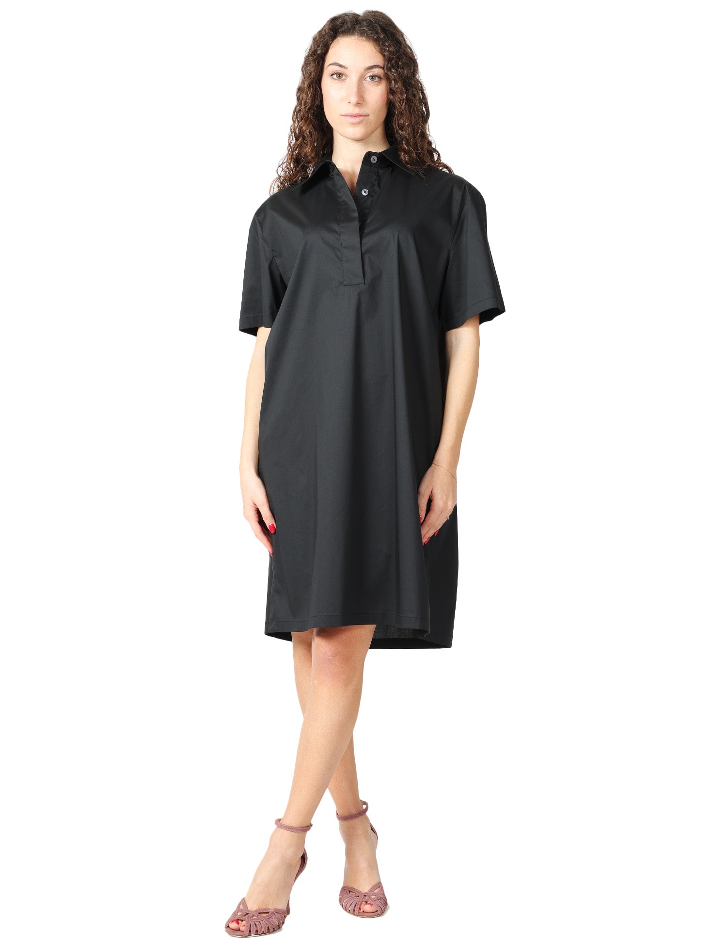 ABITO DONNA LIVIANA CONTI SUSAN NERO A MEZZE MANICHE CON SCOLLO A CAMICIA IN POPELINE STRETCH